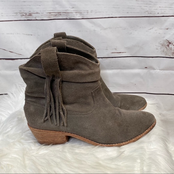 Joie Shoes - JOIE Keaton Fringe Suede Slouch Ankle Bootie Taupe